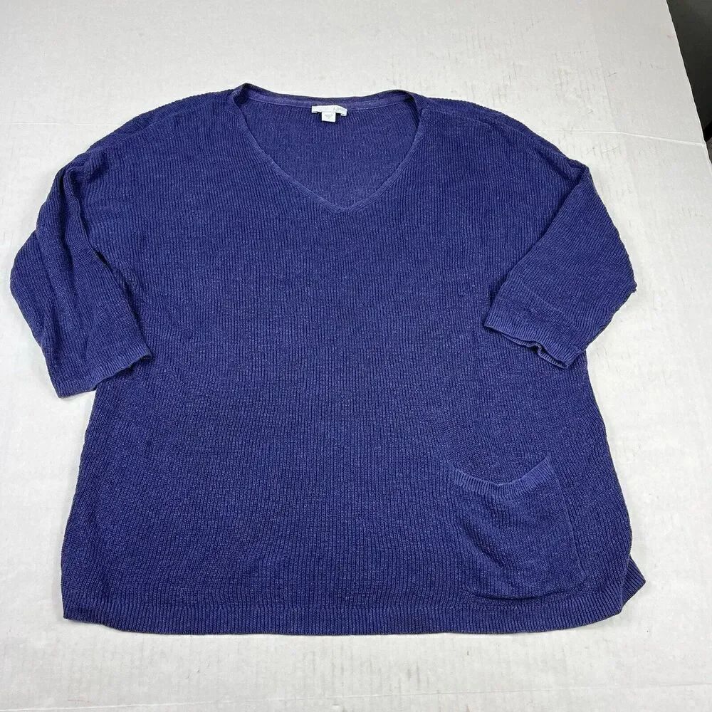 J.Jill Linen Blend Sweater Pocket 3/4 Sleeve Ribbed Knit Casual Pullover MEDIUM